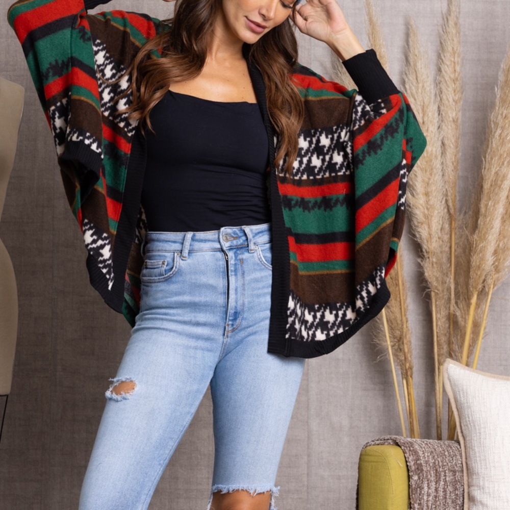 MULTICOLOR AZTEC PRINT OPEN FRONT CARDIGAN
